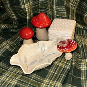 Cottagecore lot collection- mushroom, ceramic box, leaf print hand made pottery
